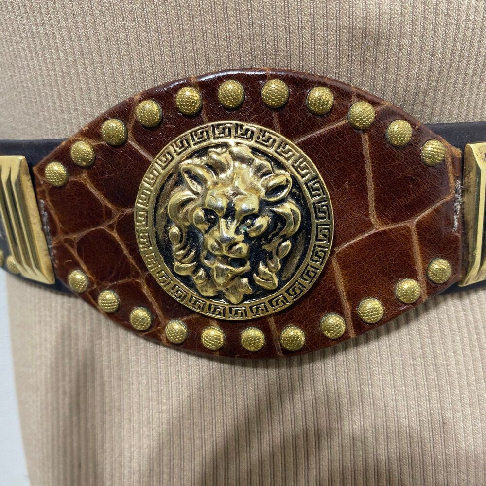 ST MAARTEN Dallas Leather Belt W/Gold Studs & Gold-Tone Lion Head Medallion - Picture 4 of 15